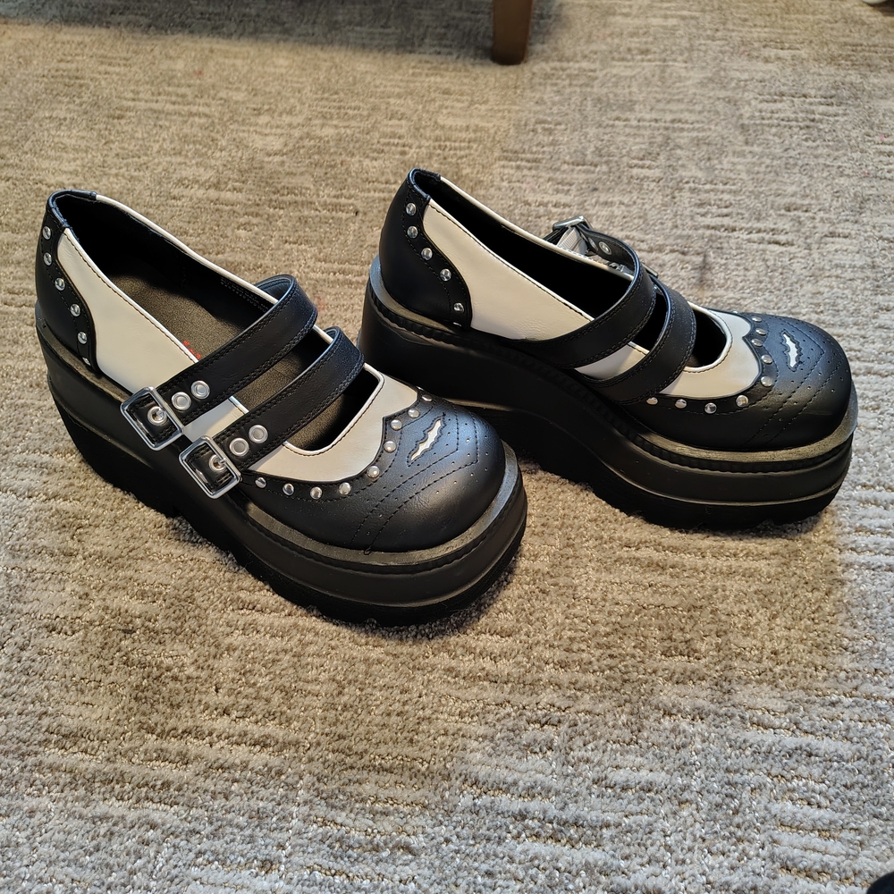 Demonia Women’s Black & White Mary Jane Platform Shoes - Picture 3 of 6